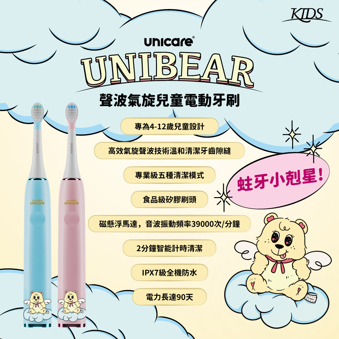 新上市✨unicare® unibear聲波氣旋兒童電動牙刷(兩色)